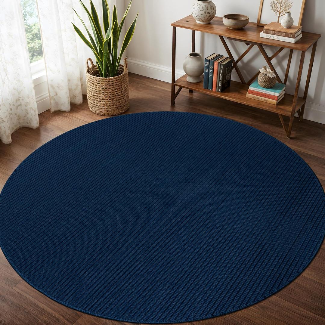 Beverly Rug Non-Slip Modern Rug 4 Round Solid Traditional Rubber Backing Machine Washable Soft Thin Indoor Area Rugs for Living Room Stain Resistant Non Shedding Casual Carpet (4 Round Navy)