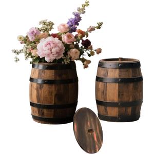 2 Pcs Wood Wine Barrel Vase 6" x 5" Rustic Wooden Flower Vase Planter for Wedding Reception, Home Indoor Outdoor Garden, Kitchen, Party Table Decoration