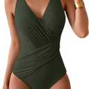 Eomenie One Piece Swimsuit for Women Tummy Control Bathing Suit V Neck Swim Suit Ruched Criss Cross Swimwear (Small, Deep Green)