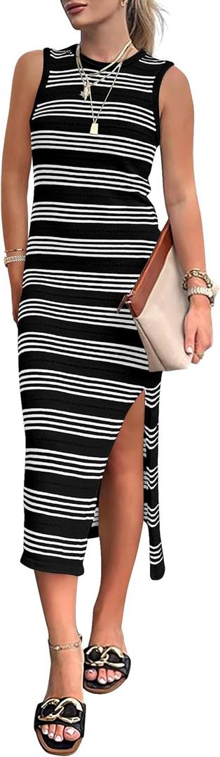 PRETTYGARDEN Women's Summer Bodycon Sundresses Casual Midi Sleeveless Hollow Out Knit Side Slit Striped Long Tank Dress (Large, Black)