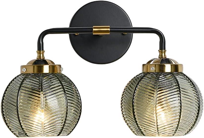 Mid Century Vanity Light Black Bathroom Wall Light Fixtures Green Glass Wall Sconce lamp Ribbed Glass Shade Modern Art Deco Vanity Lights for Over Mirror Bedroom Hallway 2 Lights
