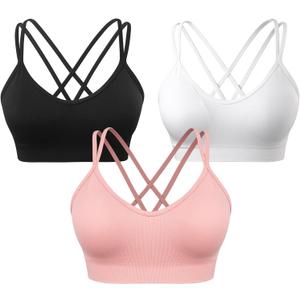 VEQKING Women's Cross Back Sports Bra Padded Strappy Medium Support Yoga Bra for Workout Fitness 3 Pack (X-Large, 3pack(black+white+peach Pink))