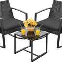 Devoko PP Patio Furniture Set 3 Piece All Weather Outdoor Rocking Chairs with Cushions and Coffee Table for Bistro Balcony Porch (Black)