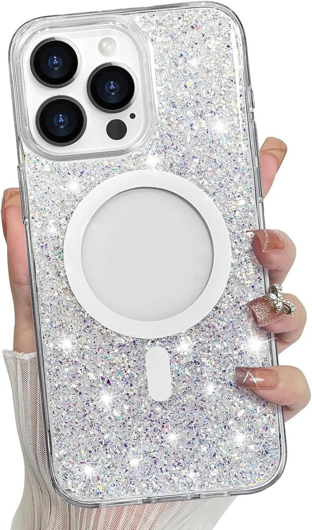 Bonoma for iPhone 16 Pro Case Sparkly Glitter Bling Back, Magnetic Support for MagSafe Shockproof, Crystal and Clear High-Duty Protection for Girls Women-Glitter Crystal