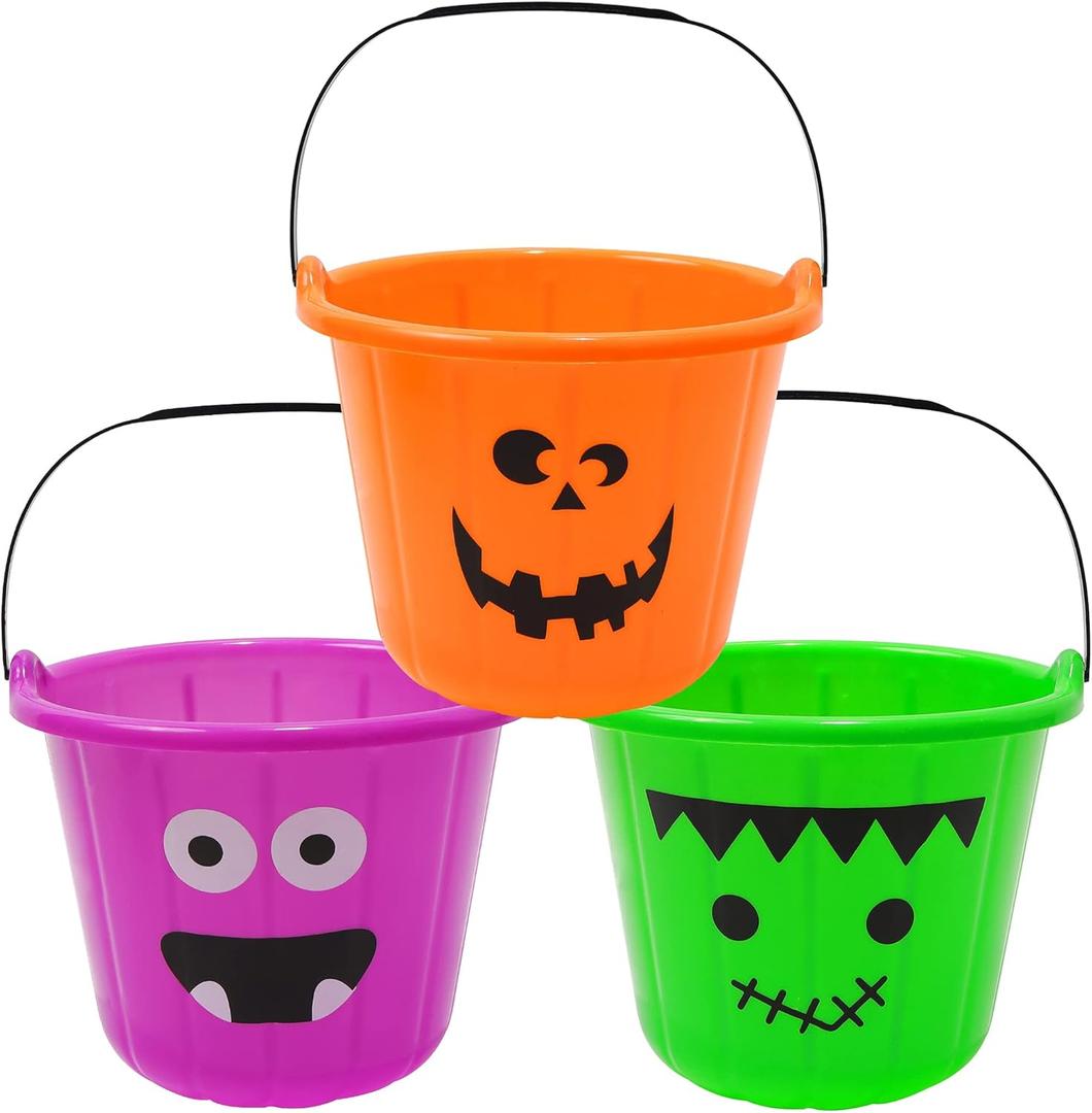 Zcaukya 3 Pack Halloween Buckets, Halloween Plastic Candy Pails, Portable Plastic Candy Trick or Treat Basket for Halloween Party Supplies, Orange Purple Green