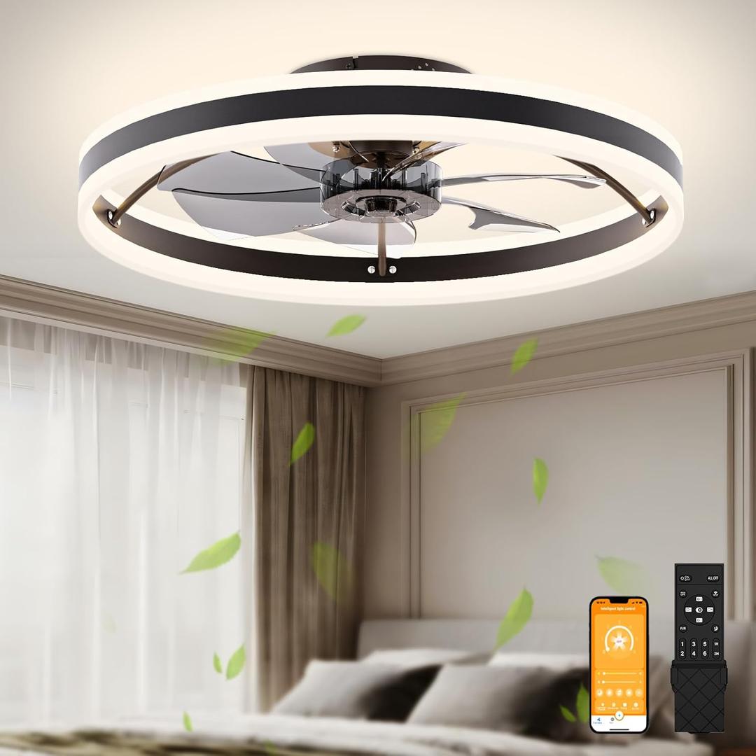 VOLISUN Low Profile Ceiling Fans with Lights and Remote, 23.6in Flush Mount Ceiling Fans with Light, 3000K-6500K Dimmable Fandelier LED Fan Light, Black Bladeless Ceiling Fans with Lights for Bedroom
