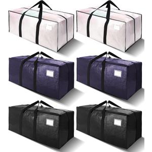 6 Pack Heavy Duty Extra Large Moving Bags W/Backpack Straps - Strong Handles & Zippers, Storage Totes For Space Saving, Fold Flat, Alternative to Box and Bin (40 gal, Semi-Transparent+Blue+Black)