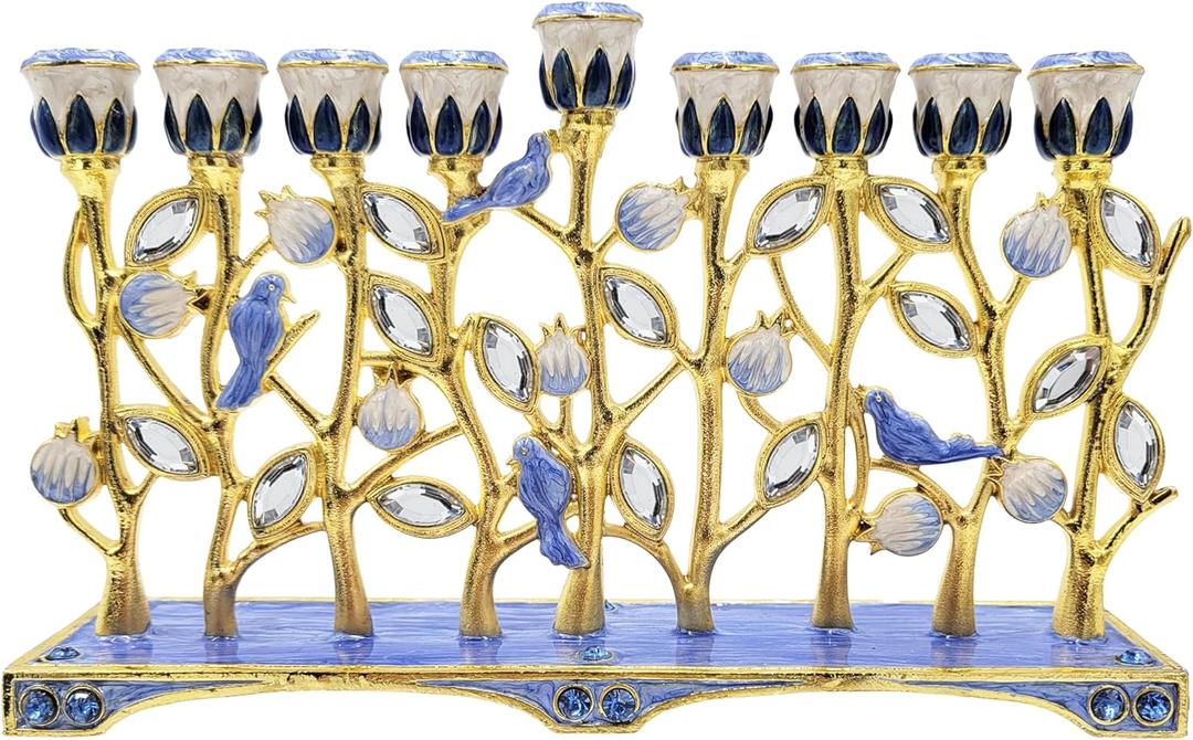 The Dreidel Company Hanukkah Menorah Enamel Pomegranate & Blue Bird Design, Hand-Painted Enameled Metal This Ornate 9 Branch Menorah Measures 12" High X 10" Wide