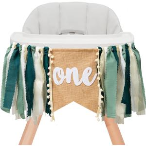 Wild Safari Jungle Highchair Banner for 1st Birthday Decorations - Dark Green Burlap Banner with Adjustable Twine, Cake Smash Photo Props, Woodland Theme Party Decor for Boys & Girls