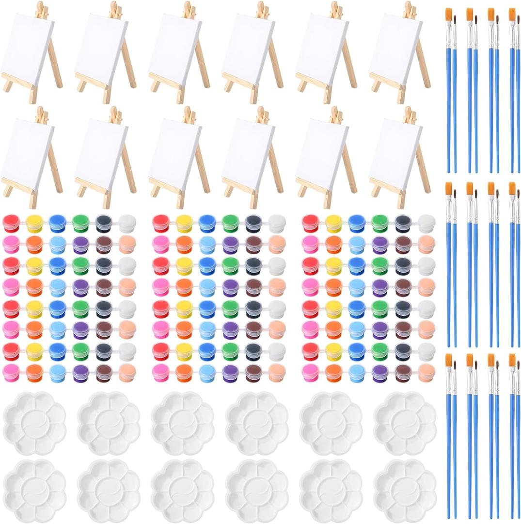 Qilery 12 Set Acrylic Paint Kit Mini Stretched Canvas with Easel, Acrylic Paints Strips, Brushes, Palette, Art Set for Kids Adults Classroom Birthday Party Favors(4 x 4 Inch)