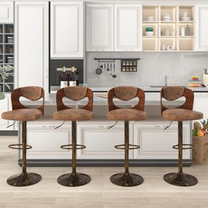VECELO BarStools Set of 4, Kitchen Island Stools with Bentwood Back,Arm&Footrest,Counter Height Bar Chairs PU Leather Cushion Seat Adjustable Height 360 Swivel,Island Chairs for Club Pub,Rustic Brown