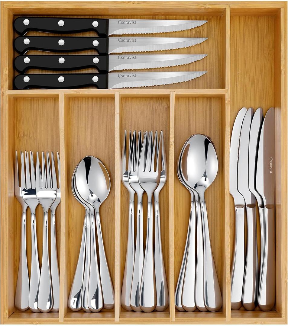 49-Piece Silverware Set with Bamboo Organizer for 8, Heavy-Duty Stainless Steel Flatware Set with Steak Knives, Rust-Proof & Mirror Polished, Dishwasher Safe(organizer is only for packaging)