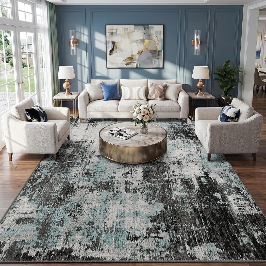 RELEANY Washable Area Rugs 9'x12' Non-Slip Modern Abstract Soft for Living Room Entryway Bedroom Nursery, Print Pattern, Blue Black Teal