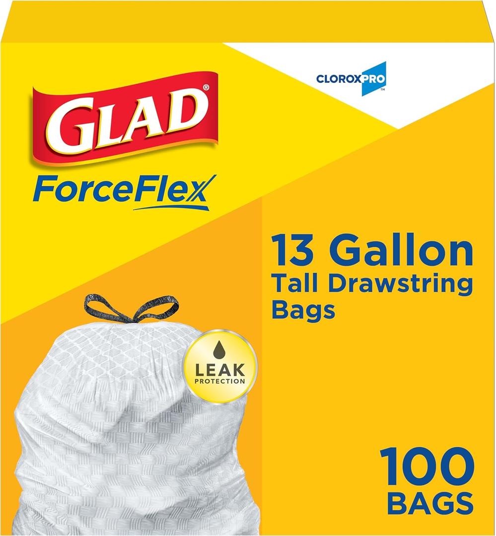 CloroxPro Glad ForceFlex 13 Gallon Tall Kitchen Drawstring Trash Bags, 100 Count (Package May Vary)