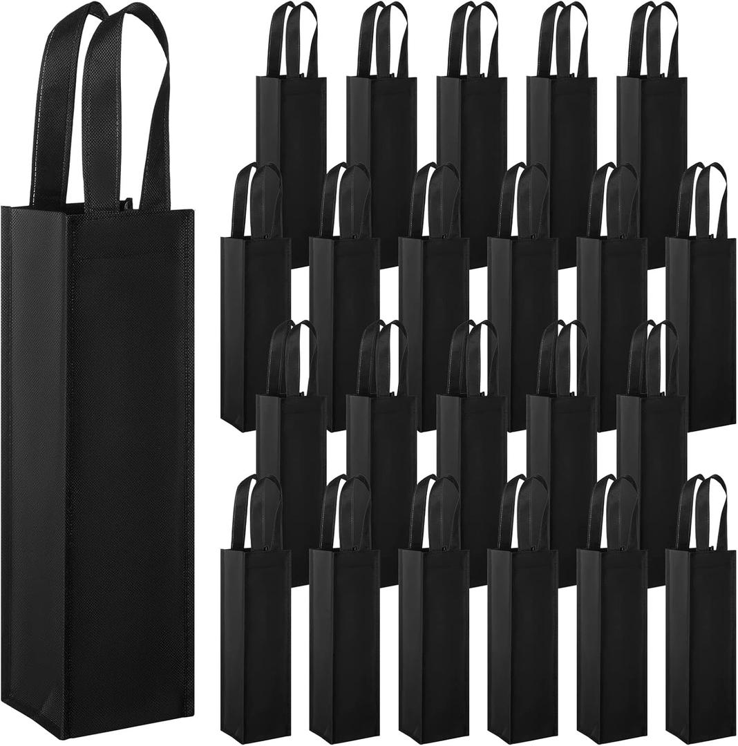 Hoolerry 36 Pcs Single Bag Christmas Fabric Reusable Tote Gift Bags Bulk Bottle Holder Carrier with Handles for Shopping Wedding Birthday Dinner Parties (36 Pcs,Black)