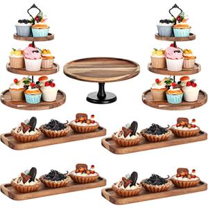 Havawish 7 Pcs Wood Dessert Table Display Set, 3 Tier Wooden Cupcake Stand Round Cake Stand Rectangular Serving Tray Platter for Display Tea Party Wedding Farmhouse(Natural Color)