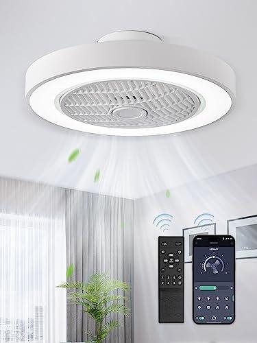 LEDIARY 20 Inch Low Profile Ceiling Fan With Light, Led Bladeless Ceiling Fans, Remote Control Enclosed Flush Mount Ceiling Fan With Timming, 3000-6000K, 6 Wind Speed, 3000LM, 57W-White