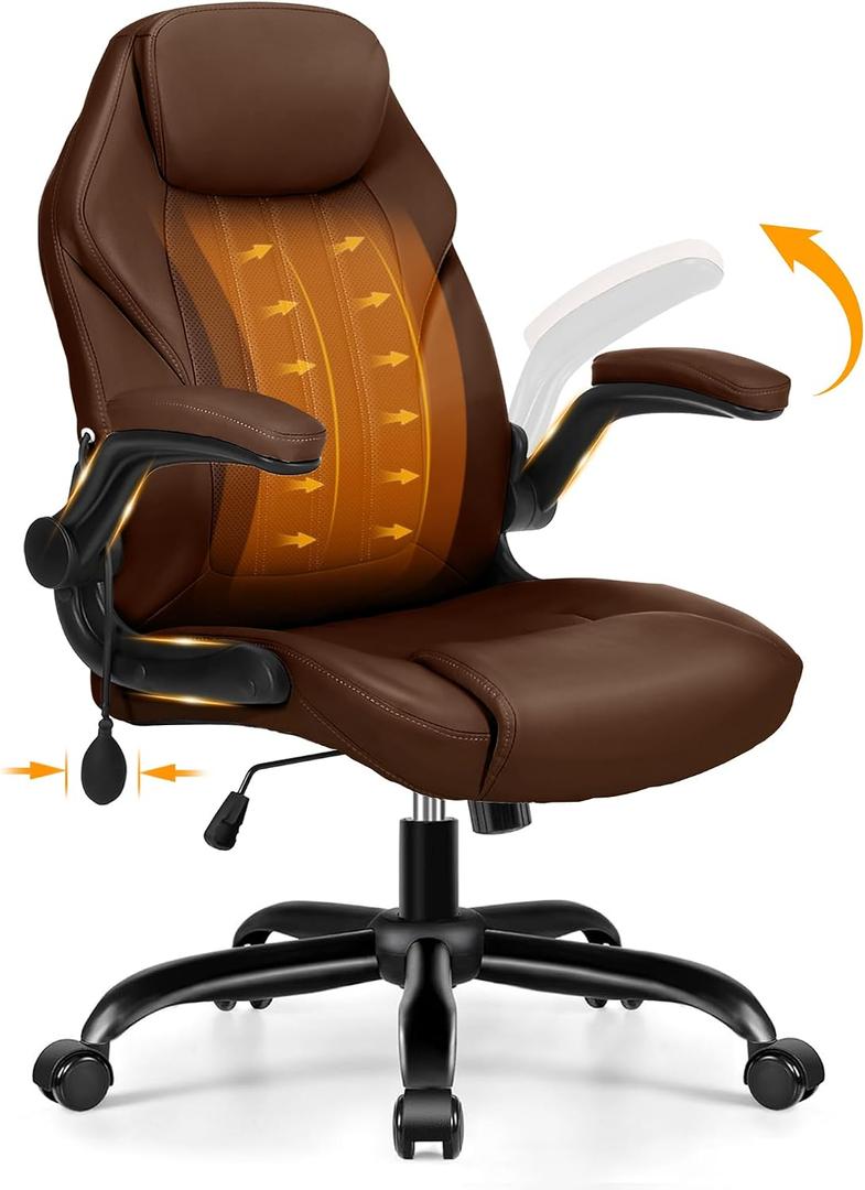 Ylzyxal Office Desk Chair, Ergonomic Computer Chair with Padded Flip-Up Arms and Adjustable Lumbar Support, PU Leather Executive Chair with Tilt Lock and 360 Swivel Rolling Wheels for Work, Study