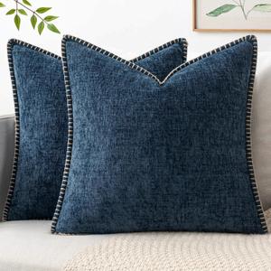 MIULEE Pack of 2 Couch Throw Pillow Covers 18x18 Inch Dark Blue Farmhouse Decorative Pillow Covers with Stitched Edge Soft Chenille Solid Dyed Pillow Covers for Sofa Bed Living Room