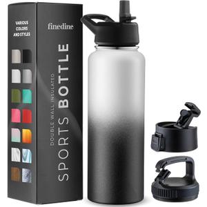 FineDine Water Bottle - Stainless Steel Insulated Water Bottle with Straw Lid, Flip Lid & Wide-Mouth Cap - Keeps Hot and Cold - 40 Oz / 1.18L - Dreamy Black-White