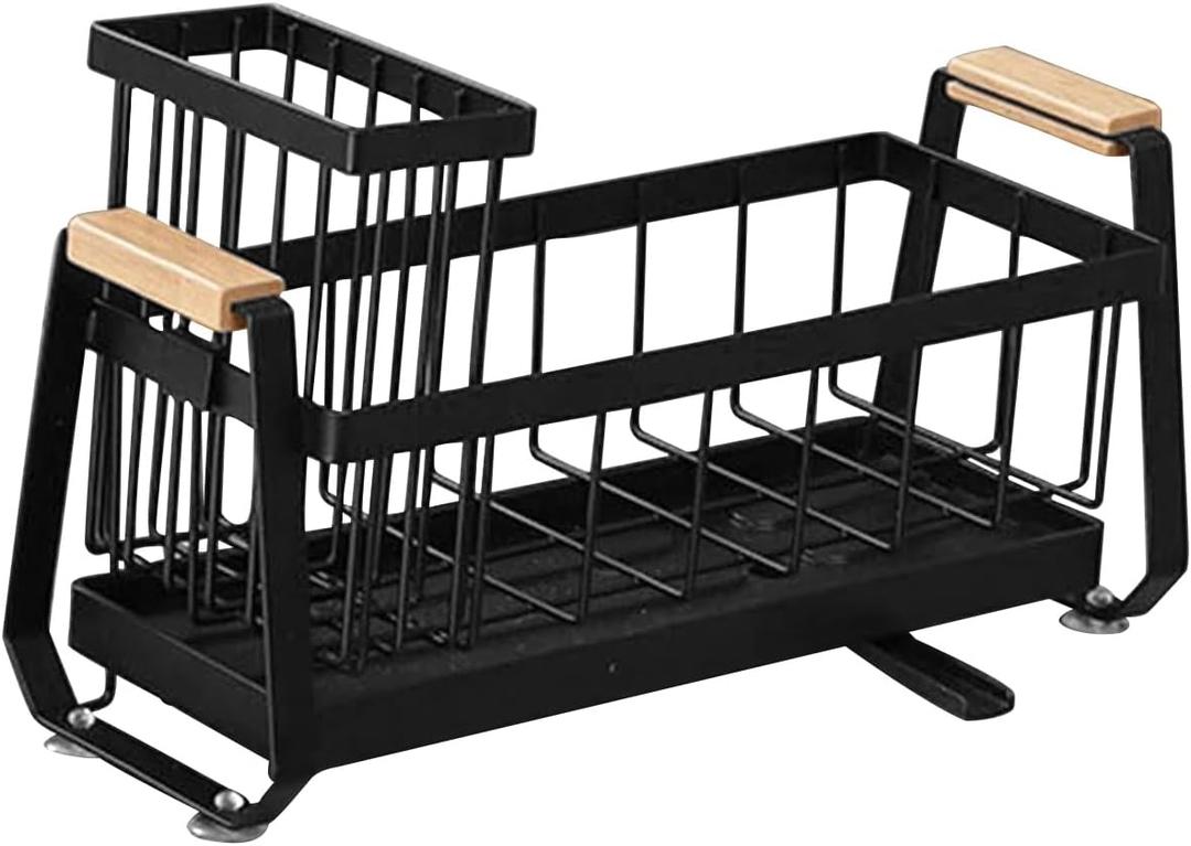 Stainless Steel Kitchen Sink Caddy, Kitchen Sponge Holder, with High Brush Holder, Adjustable Divider, Tilted Drain Pan, Multifunctional Sink Accessories, for Sponge, Soap, Dish Brush, Grey (black)