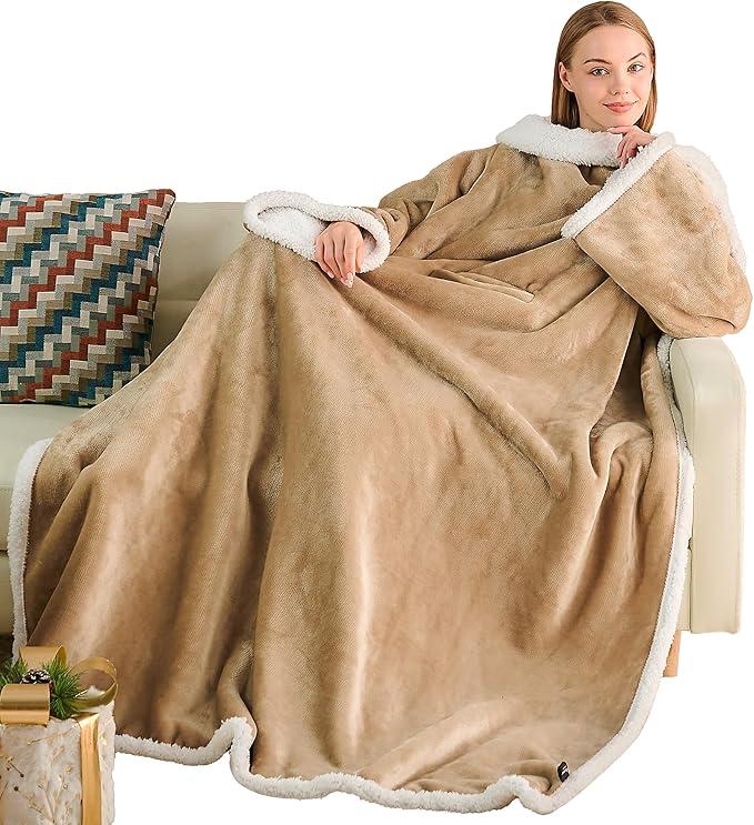Ramees Sherpa Wearable Blanket with Sleeves and Pockets, Soft Warm TV Blanket Throw for Men and Women