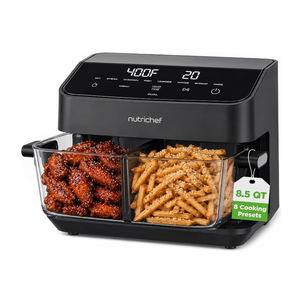 NutriChef 8.5 Quart Family Size Double Glass Basket Air Fryer | 8-in-1 Preset Dual Cook Modes | Glass Fry Bowls for Best Cooking | Cook Steak, Fries & More | Adjustable Temperature & Timer | Black