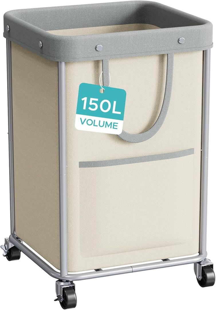 JYPS Laundry Basket With Wheels, 150L Large Rolling Hamper W/Metal Frame & Removable Bag, Waterproof Oxford Fabric, 2 Side Bags, Dirty Clothes Storage Cart For Laundry Room, Dorm, Bedroom, Bathroom (Beige)