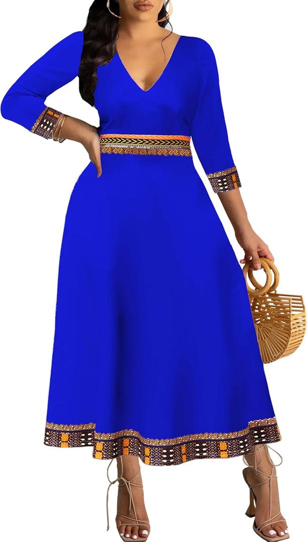 African Long Dresses for Women Elegant Church Dresses Print Maxi Dress High Waist Cocktail Bohemian Vintage Party Outfits (M)