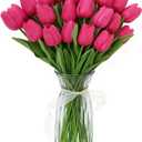 Pink Faux Tulips Real Touch (20 Pcs) - 13.5 Inch Premium PU Artificial Flowers for Valentine's Day, Spring & Easter Home Decor, Wedding Bouquet