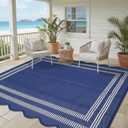 Garvee Waterproof Outdoor Rug 9x12, Scalloped Geometric Foldable Plastic Straw Patio Camping Rug, Outdoor RV Carpet for Deck Camper Porch Balcony Backyard Picnic Beach Blue