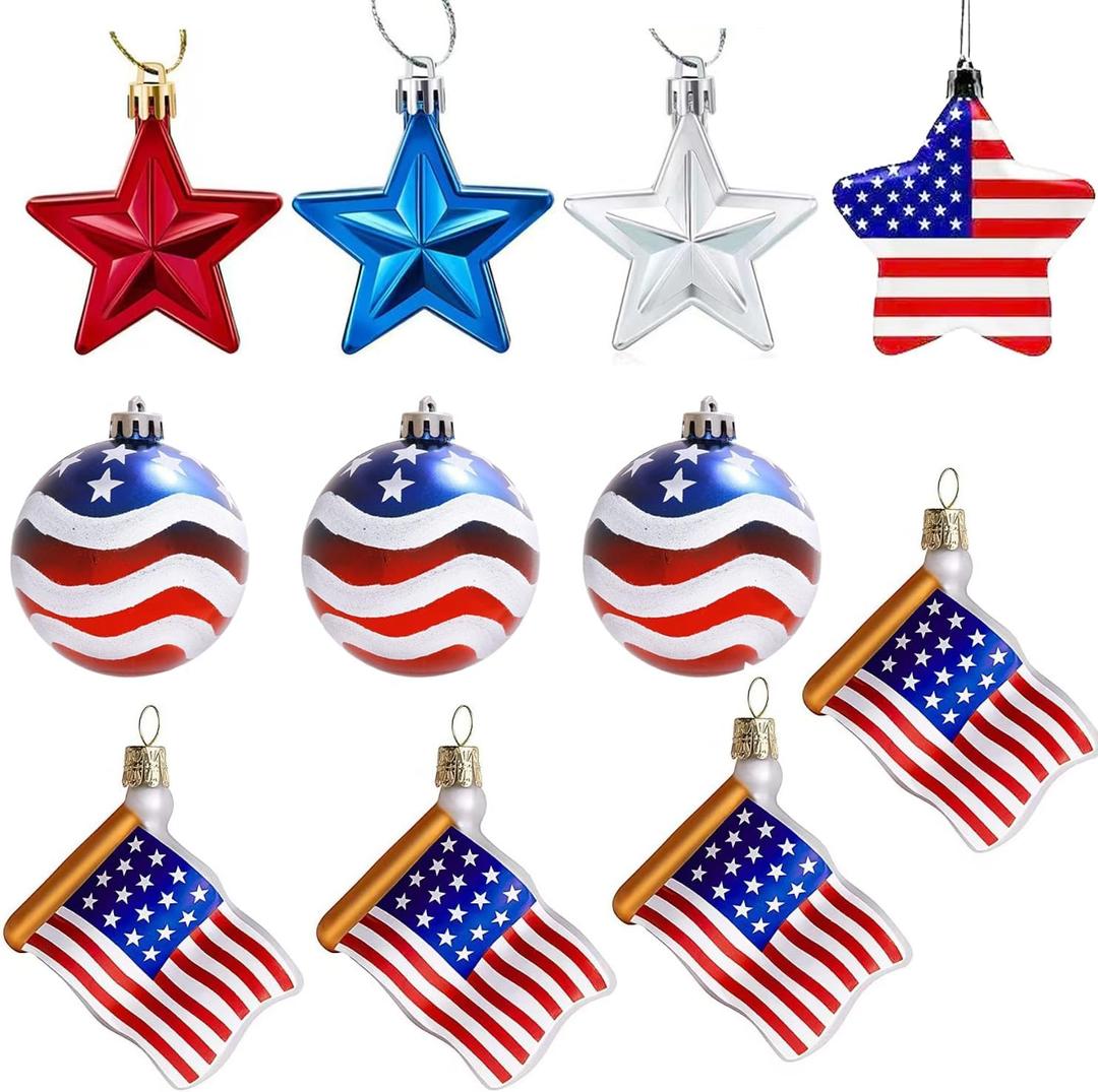 Patriotic Memorial Day Tree Ornaments, 3D Independence Day Veterans Day Red White and Blue Decorations Hanging Tree Ornaments Rustic Decor for Home Party Indoor Favors
