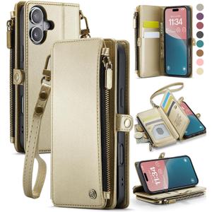 Defencase Compatible with iPhone 16 Case Wallet with RFID Blocking Card Holder for Women and Men, Fashion PU Leather Magnetic Snap Flip Zipper Strap Wallet Phone Case for iPhone 16 6.1", Gold