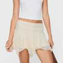 Women's Lace Mini Skirt Assymetrical Hem Ruched Waist Floral Lacy Ruffle Pleated Short Skirt with Inner Shorts (S)