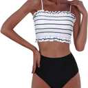 RXRXCOCO Womens Shirred Bandeau Bikini Cute Two Piece Swimsuit Off Shoulder High Waist Bathing Suit White X-Large