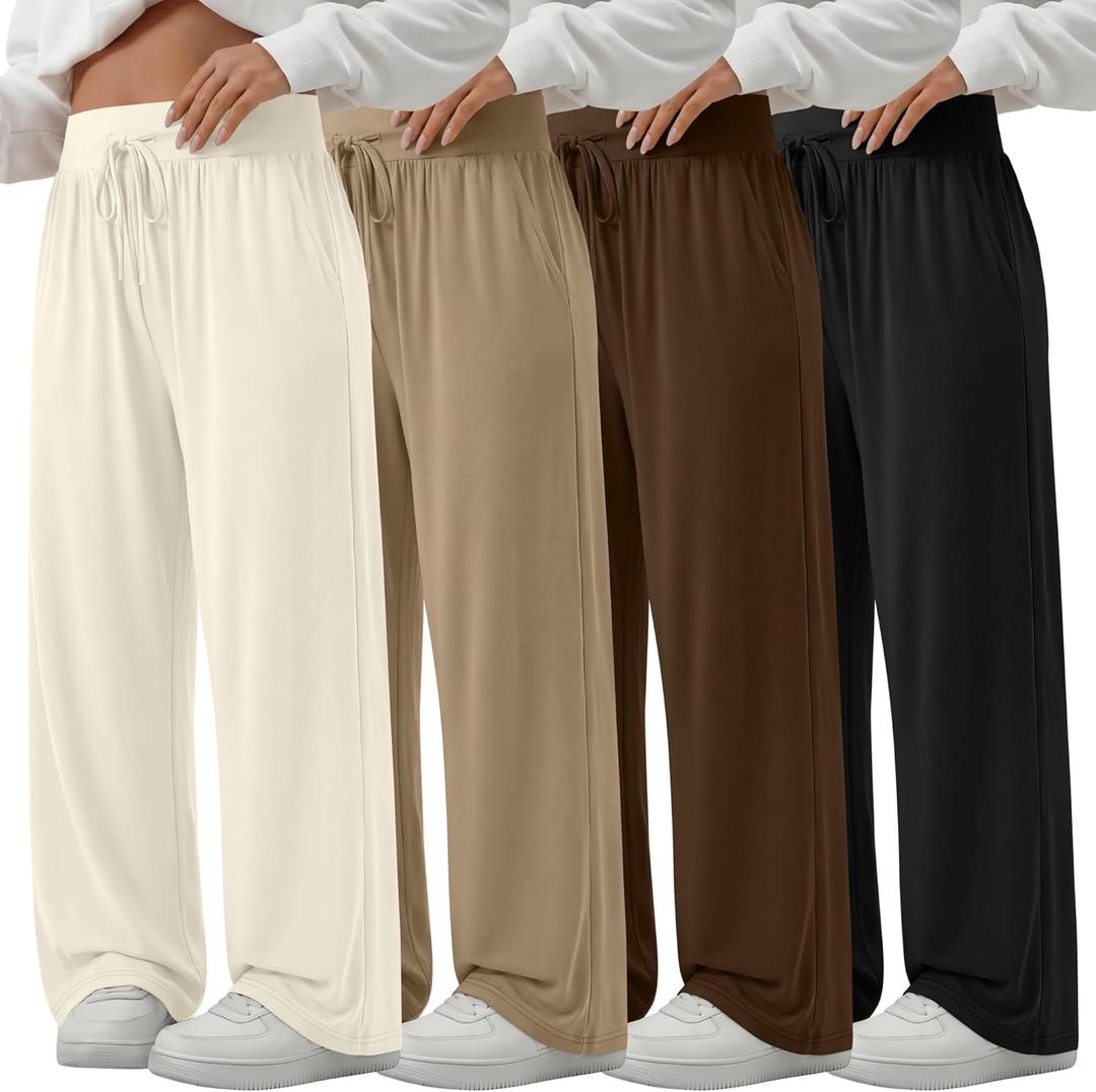 4 Pack Women's Plus Size Lounge Pants Wide Leg Yoga Pants Drawstring Baggy Sweatpants Loose Casual Workout Jogger (5X-Large, Black, Coffee, Khaki, Cream)