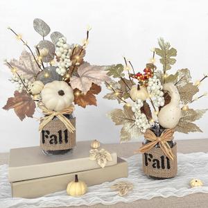 2 Pack 13.5 Inch Thanksgiving Decorations Thanksgiving Table Decor, Mason Jar with Maple Leafed Pumpkins Berried 20 LED Lights Timer Thanksgivings Centerpieces for Dinner Table Kitchen Bathroom Office (Grey White)
