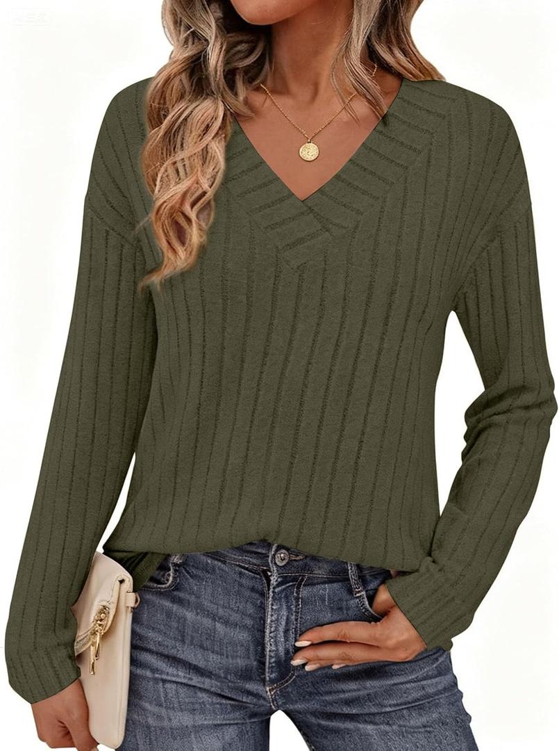 PRETTYGARDEN Fall Fashion 2026 Long Sleeve Shirts for Women Ribbed Knit V Neck Dressy Casual Lightweight Sweaters Tunic Tops (Green, XL)