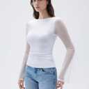 SUUKSESS Women Mesh Sheer Bell Sleeve Tops Double Lined Boat Neck Going Out Shirts (M)