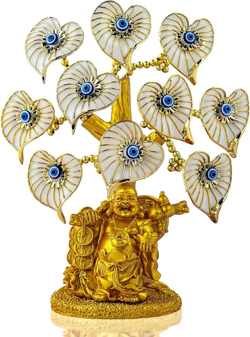 Blue Evil Eye Money Tree with Painted Golden Buddha Statue White Artificial Flowers Home Office Protection Decoration Feng Shui Ornament