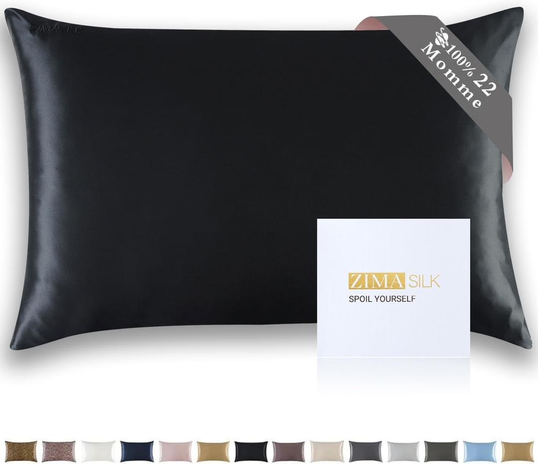 ZIMASILK 22 Momme Silk Pillowcase for Hair and Skin - 100% Pure Mulberry Silk with Hidden Zipper, Grade 6A Luxury Pillow Case for Women, Soft & Durable, Gift Box (King 20"x36" Black)