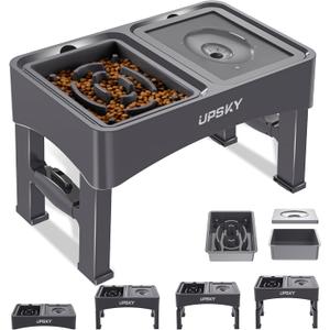 UPSKY 2-in-1 Elevated Dog Bowls Slow Feeder, 4 Height Adjustable Raised Bowl Stand, No Spill Water Dispenser, Anti-Slip Food and Water Bowl for Small Medium Dogs