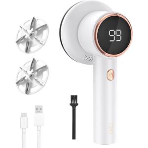 Fabric Shaver Lint Remover for Clothes with 2 Speeds, Digital Display, 6 Leaf Blades, USB Rechargeable Sweater Defuzzer to Remove Pilling Fuzz Ball for Furniture, Couch, Coat. (White)