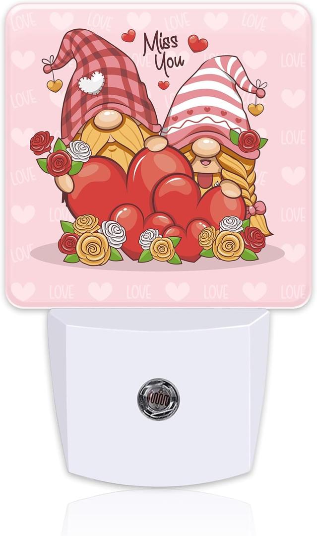 Valentine's Day Gnome Couple Night Light for Kids, Gnomes with Love Red Hearts Night Light Plug in with Dusk to Dawn Sensor,0.5w Energy Saving Nightlight for Hallway Stairway Kitchen Bedroom (Color32)