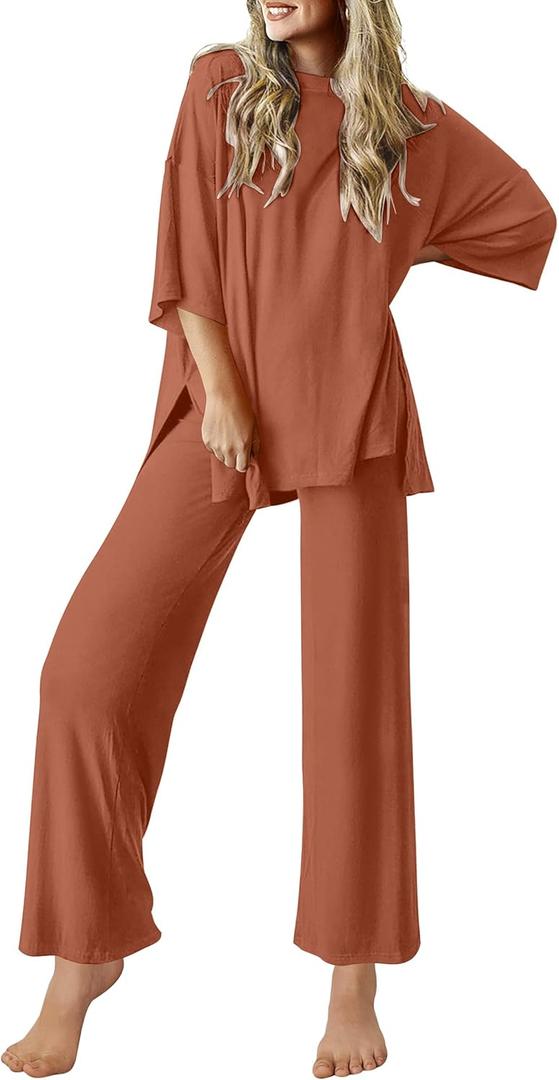 Ekouaer Lounge Sets for Women Short Sleeve Tops and Long Pants Soft Comfy Pajamas Set 2 Piece Outfits (Large, Camel)