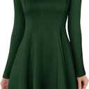 Lrady Womens Square Neck Bodice Dress Long Sleeve Flare A Line Club Party Mini Ruffle Swing Short Dresses, Dark Green, Large