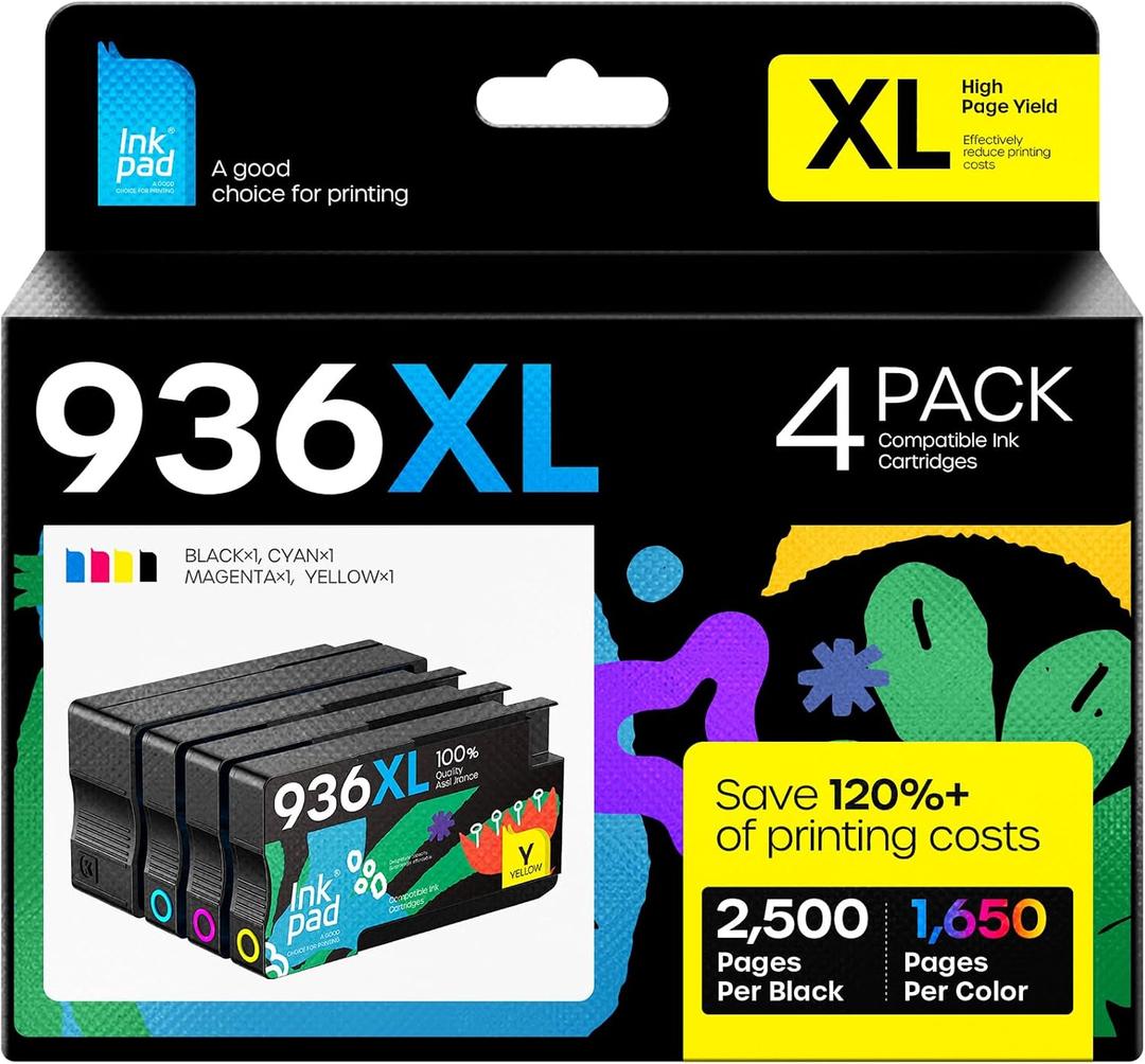 iNKPAD 936XL 936e Ink Cartridges Combo Pack Compatible with HP 936XL 936 XL Ink Cartridges Replacement for HP OfficeJet Pro 9110 9120 9130 9730 9720 Printers(4 Pack, BK/C/M/Y)