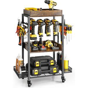 Power Tool Organizer Garage Storage Organization Shelving Tool Holder Drill Rack Shelf Rolling Cart Open Tool Chest Cabinet Box Organizer with Wheels Workshop Garage Gift Ideas for Men Dad (Rustic Brown Wood)
