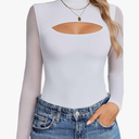 Avidlove Women Long Sleeve Thong Bodysuit Turtle Neck Shapewear Sexy Mesh Top Double Lined Cutout Shirt, Small, White 