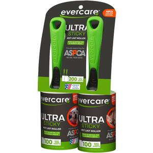 Evercare Pet Hair Lint Rollers All Purpose Use 100 Easy-Tear Sheets Per Roll Reusable Sticky Roller Pets Cat & Dog Hair Remover Contoured Handle for Furniture Clothing & Cars, Set of 2, Green